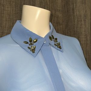 NWT Embellished Collar Long Sleeve Periwinkle Blue Sheer Button Down Blouse S